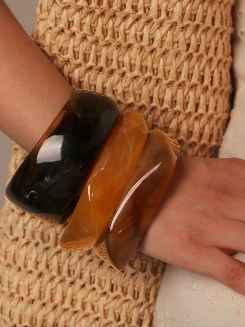 Chunky Resin Bangle Bracelet Set - Amber and Black